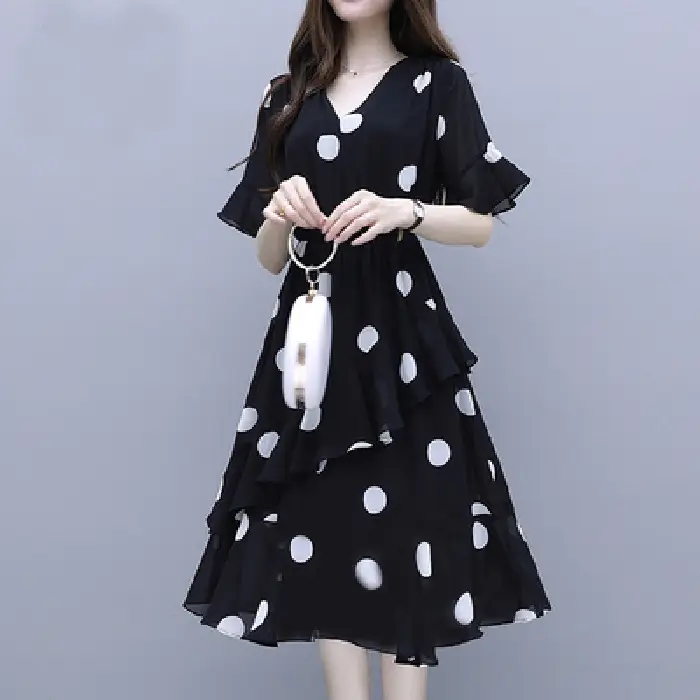 Black Polka Dot Mid-Length V-Neck Dress for Women - Image 2