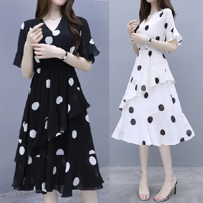 Black Polka Dot Mid-Length V-Neck Dress for Women - Image 3