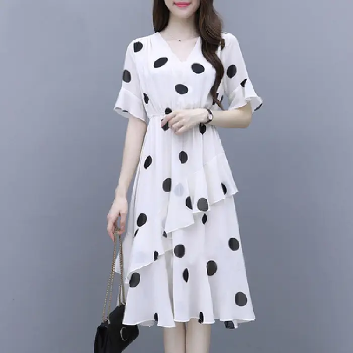 Black Polka Dot Mid-Length V-Neck Dress for Women - Image 4