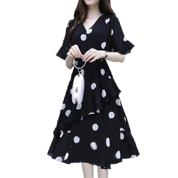 Black Polka Dot Mid-Length V-Neck Dress for Women - Image 5