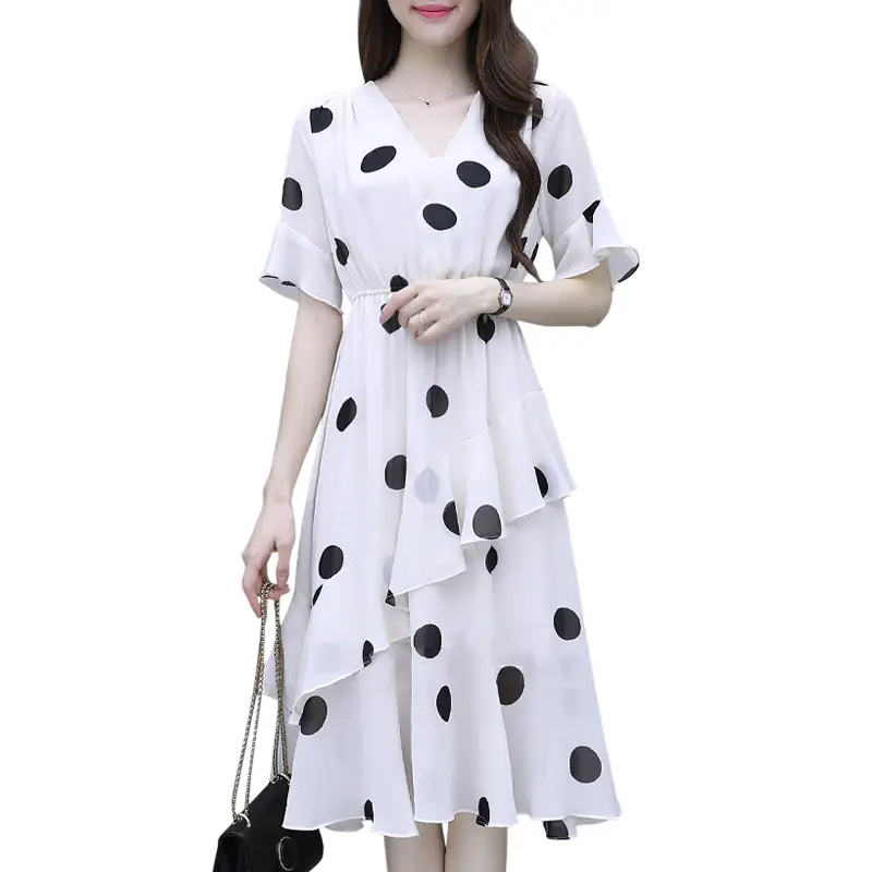 Black Polka Dot Mid-Length V-Neck Dress for Women — feature 10