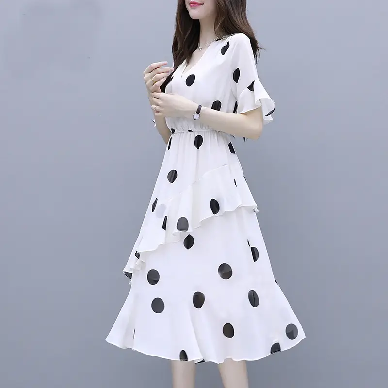 Black Polka Dot Mid-Length V-Neck Dress for Women — feature 11