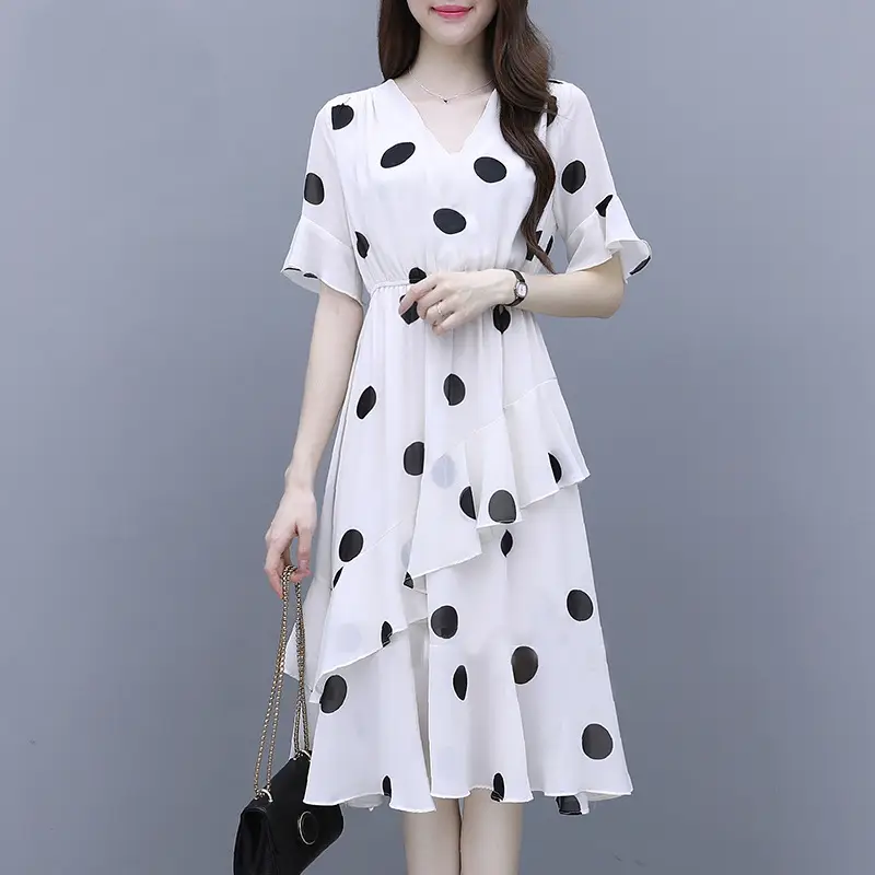 Black Polka Dot Mid-Length V-Neck Dress for Women — feature 12
