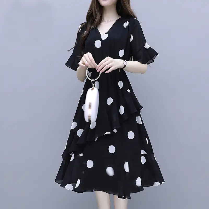 Black Polka Dot Mid-Length V-Neck Dress for Women — feature 13
