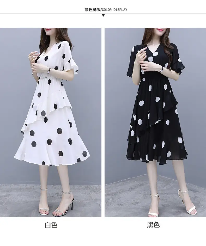 Black Polka Dot Mid-Length V-Neck Dress for Women — feature 2