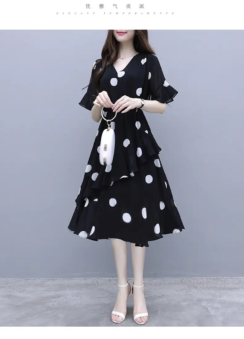 Black Polka Dot Mid-Length V-Neck Dress for Women — feature 4