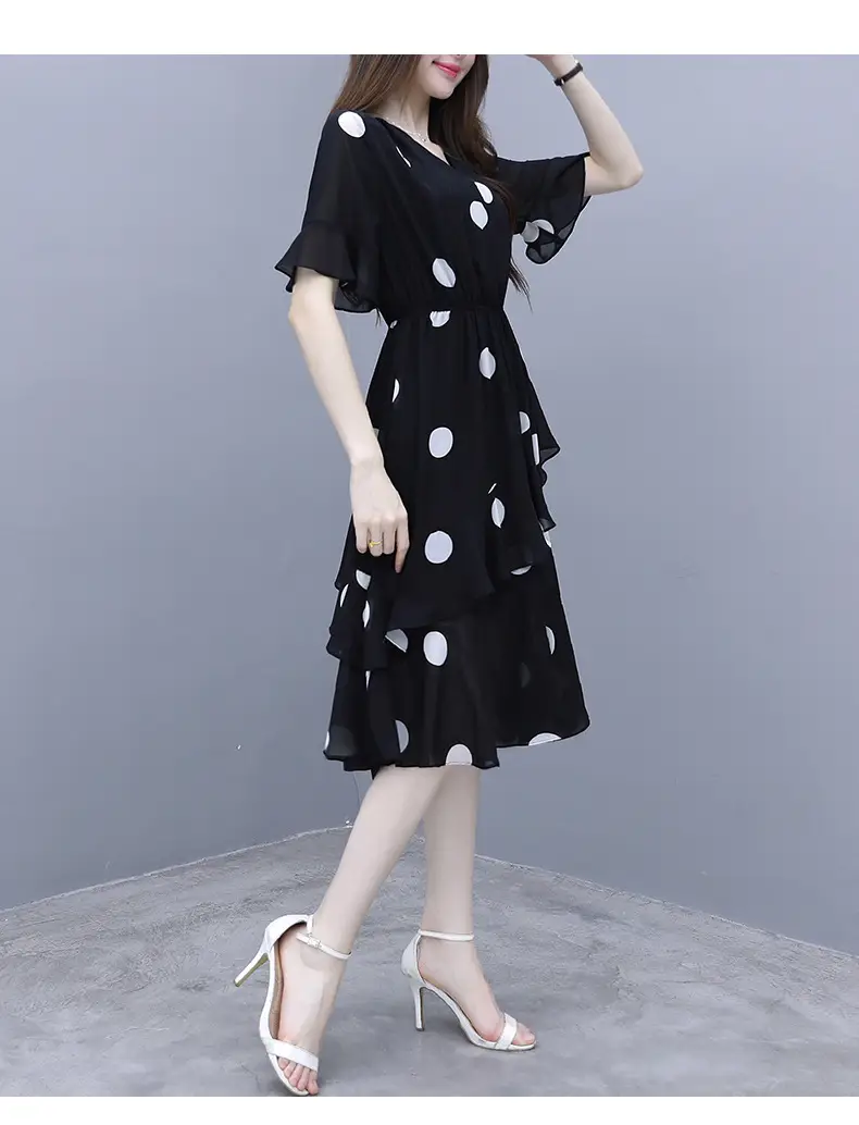Black Polka Dot Mid-Length V-Neck Dress for Women — feature 5