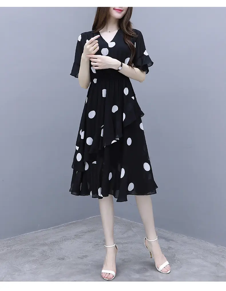 Black Polka Dot Mid-Length V-Neck Dress for Women — feature 6