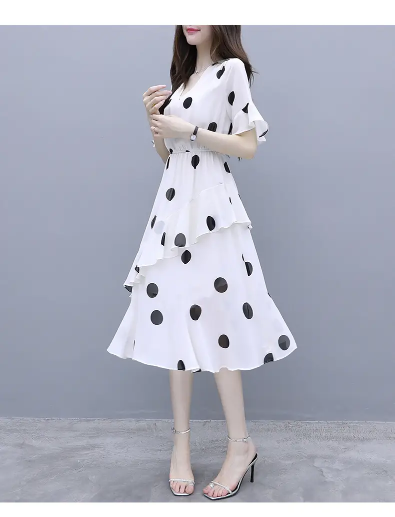 Black Polka Dot Mid-Length V-Neck Dress for Women — feature 7