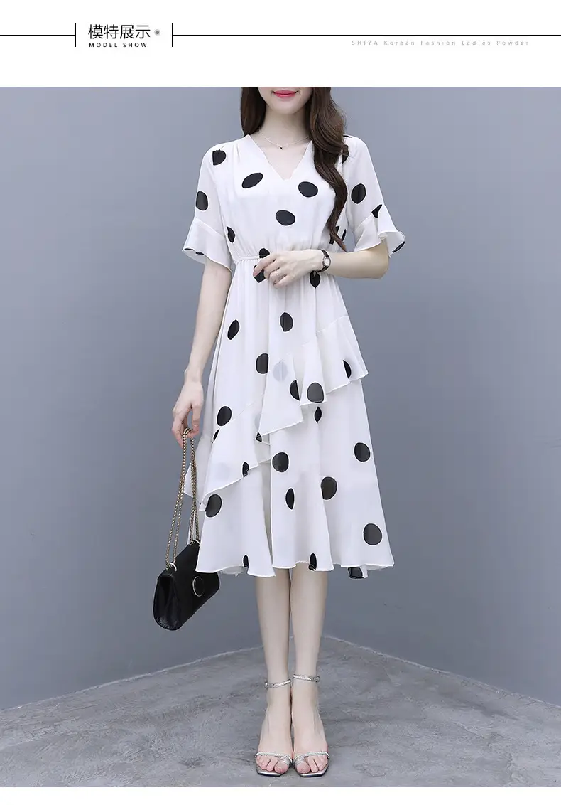 Black Polka Dot Mid-Length V-Neck Dress for Women — feature 9