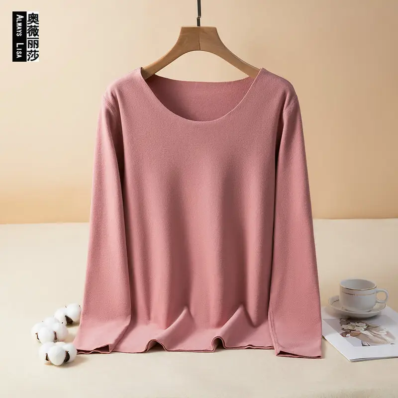Women's Pink Fleece T-Shirt Large Round Neck Warm Autumn - Image 10