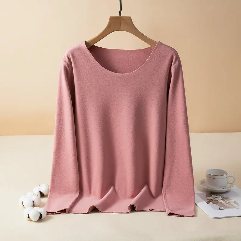 Women's Pink Fleece T-Shirt Large Round Neck Warm Autumn - Image 5
