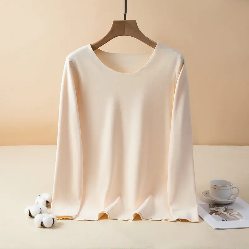 Women's Pink Fleece T-Shirt Large Round Neck Warm Autumn - Image 6