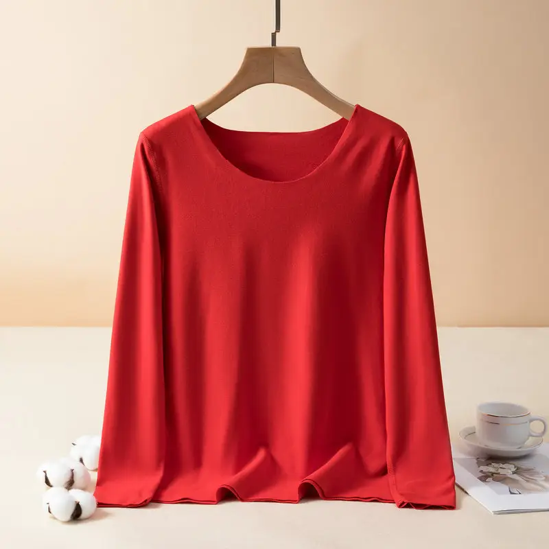 Women's Pink Fleece T-Shirt Large Round Neck Warm Autumn - Image 8