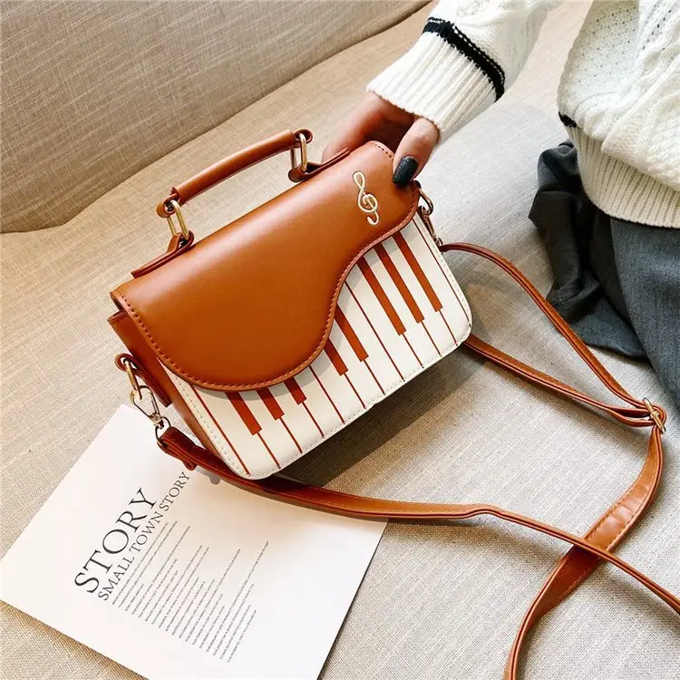 Piano Key Design Women's Shoulder Bag Brown White - Image 7