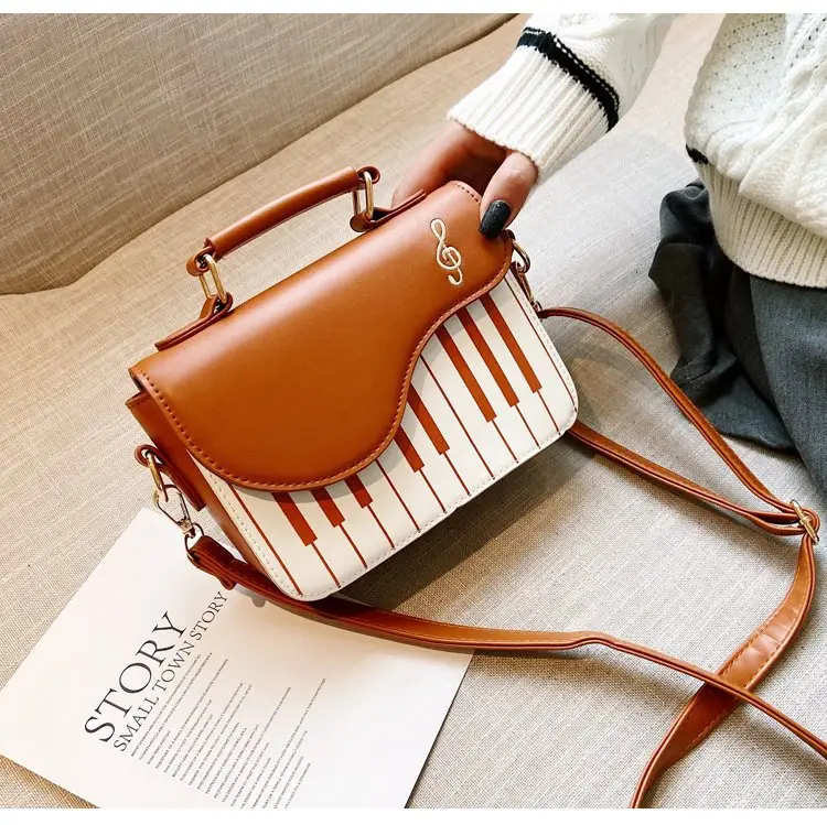 Piano Key Design Women's Shoulder Bag Brown White — feature 12