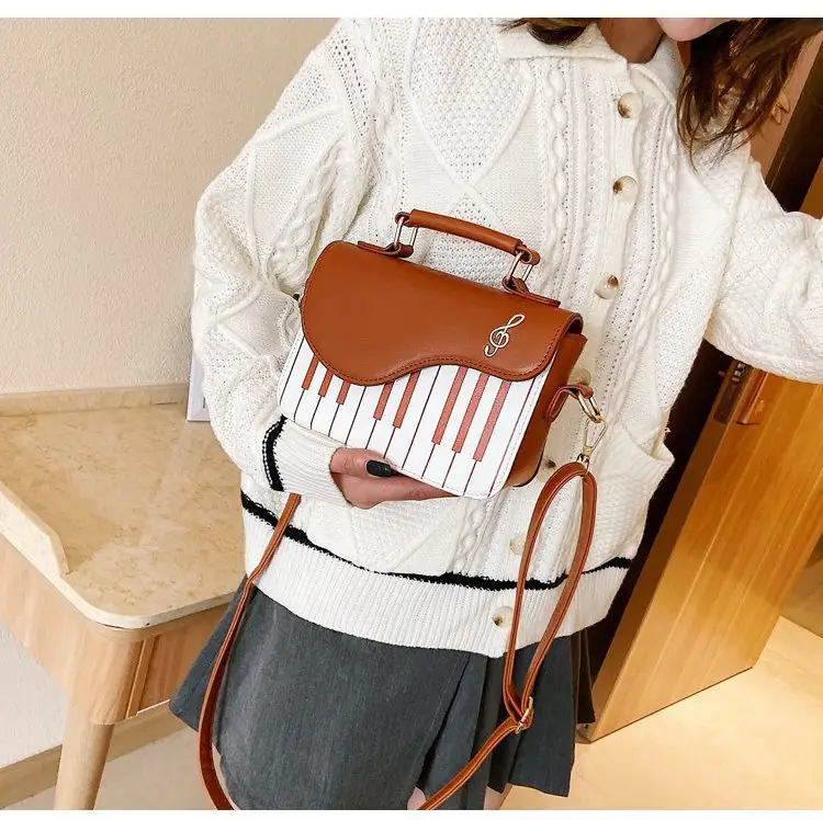 Piano Key Design Women's Shoulder Bag Brown White — feature 13