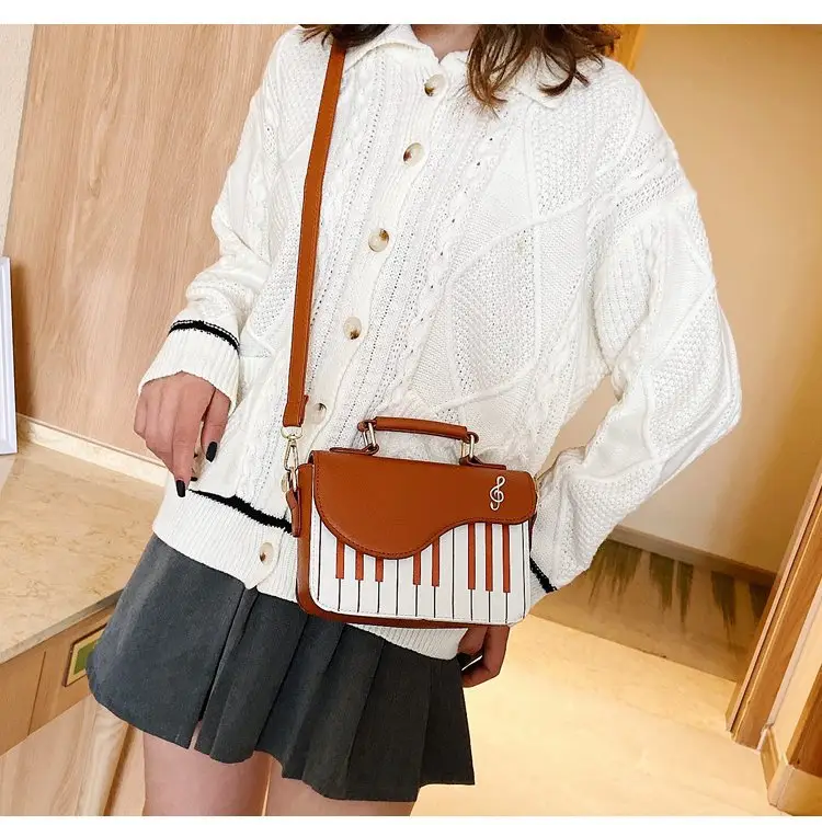 Piano Key Design Women's Shoulder Bag Brown White — feature 14