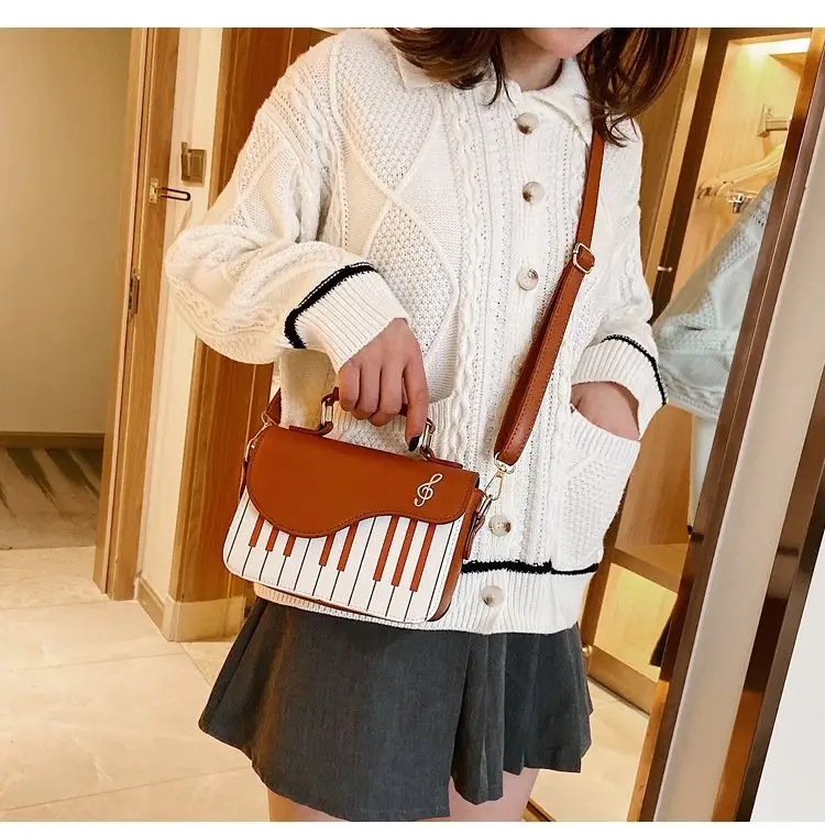 Piano Key Design Women's Shoulder Bag Brown White — feature 15