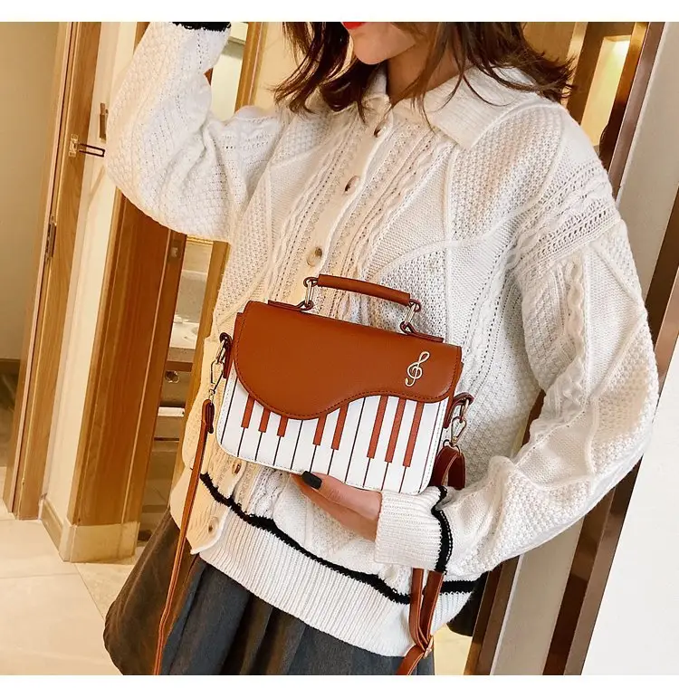 Piano Key Design Women's Shoulder Bag Brown White — feature 16