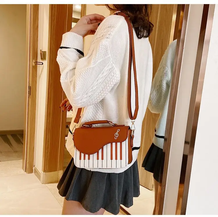 Piano Key Design Women's Shoulder Bag Brown White — feature 19