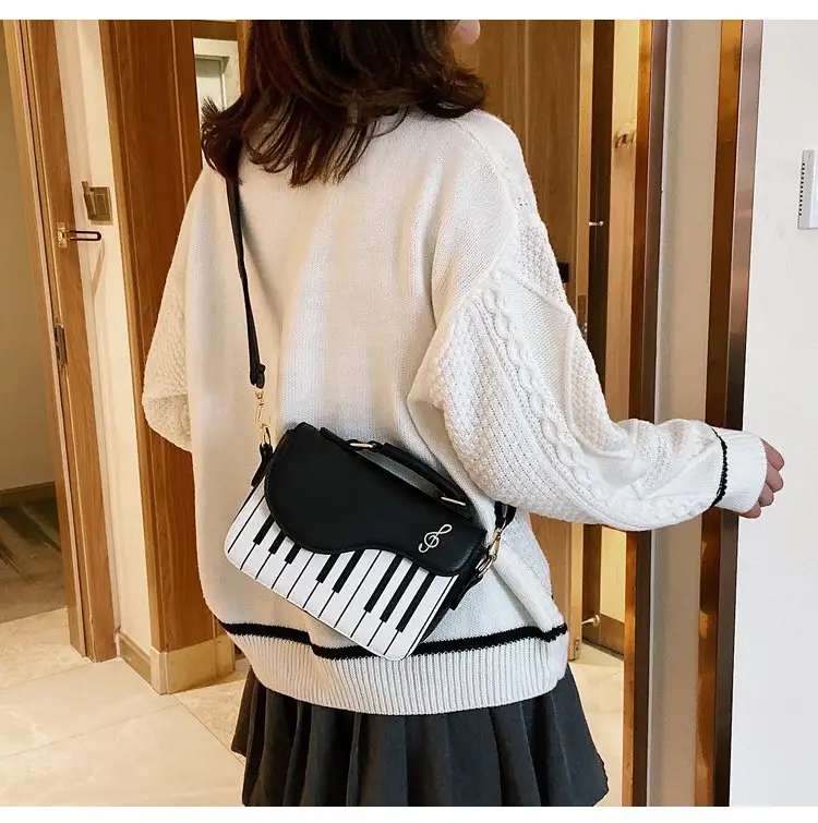 Piano Key Design Women's Shoulder Bag Brown White — feature 21