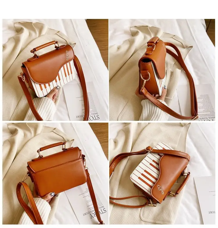 Piano Key Design Women's Shoulder Bag Brown White — feature 3