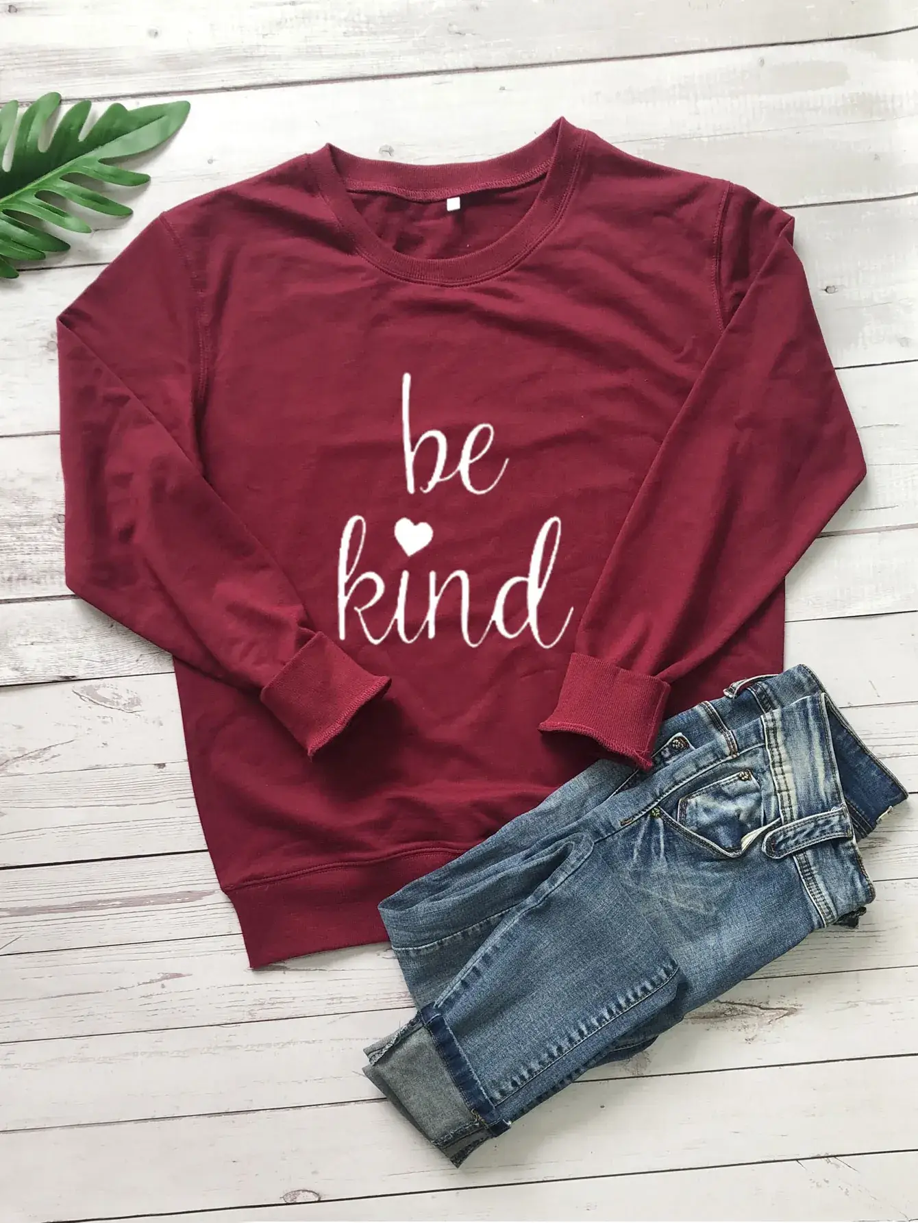 Maroon "Be Kind" Round Neck Sweatshirt with Heart Design - Image 6