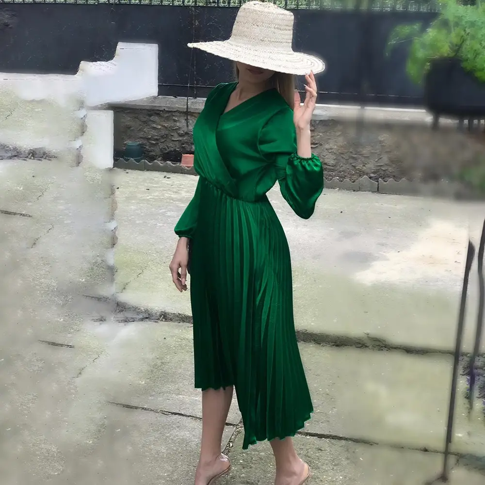 Blue Pleated Long Sleeve V Neck Skirt for Women - Image 6