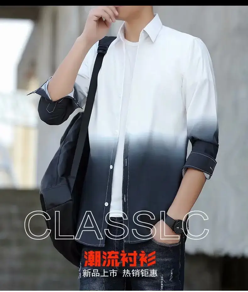 Men's Korean Style Long Sleeve Gradient Shirt Grey - Image 4