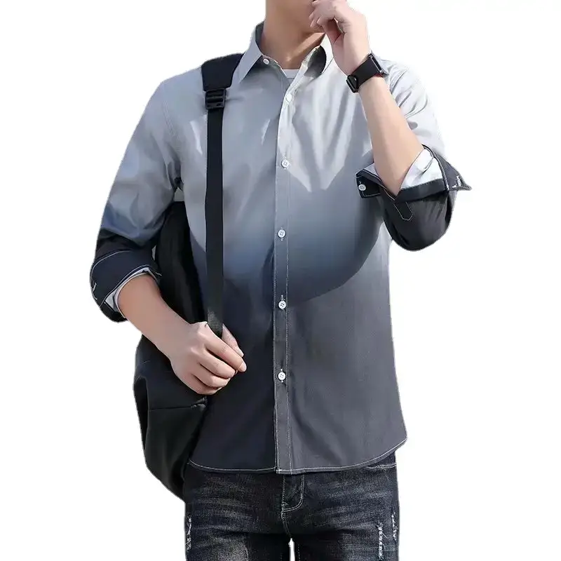Men's Korean Style Long Sleeve Gradient Shirt Grey - Image 7