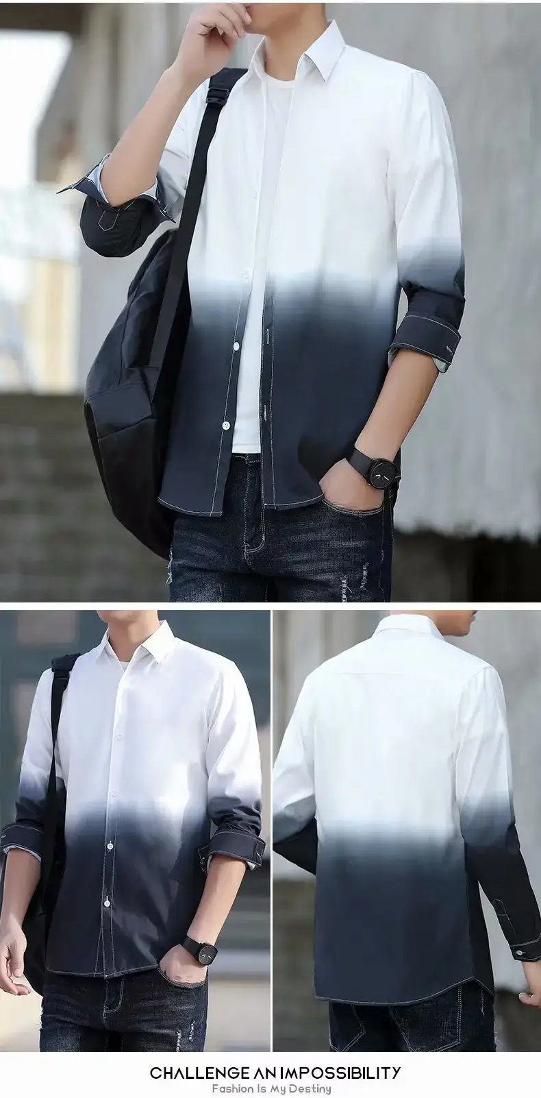 Men's Korean Style Long Sleeve Gradient Shirt Grey — feature 50