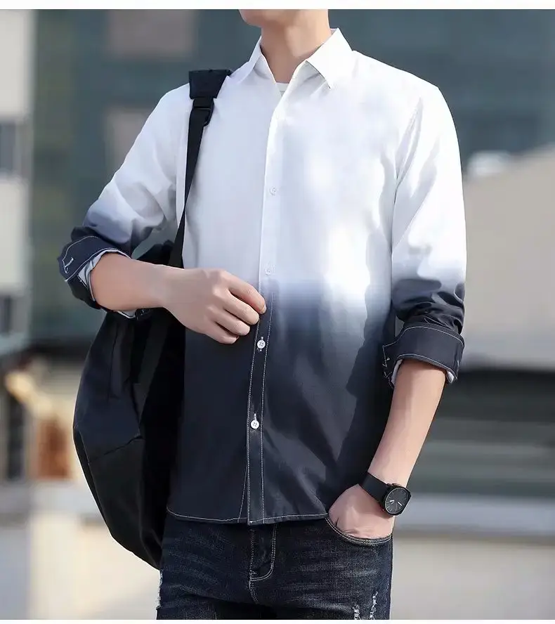 Men's Korean Style Long Sleeve Gradient Shirt Grey — feature 51