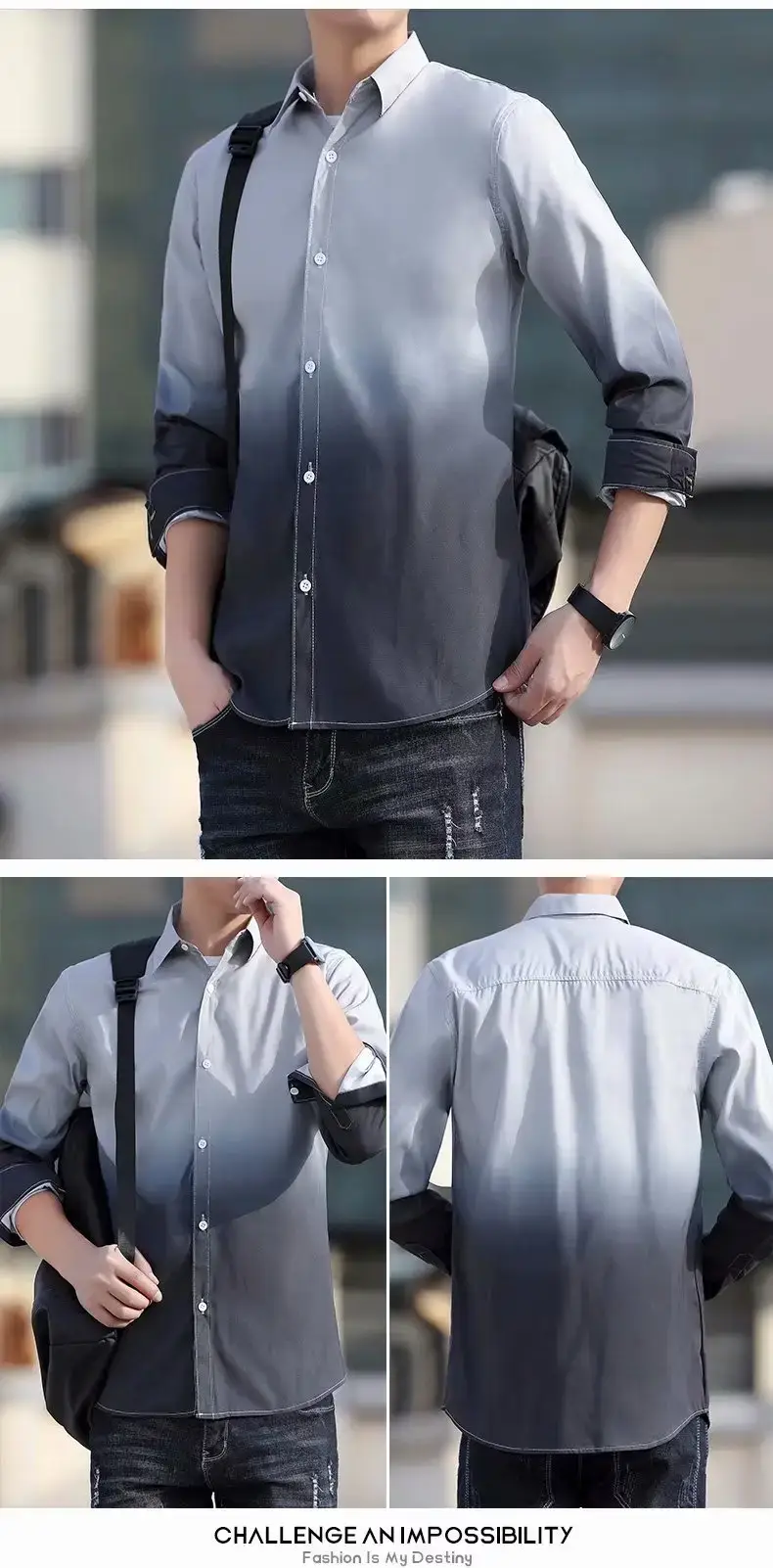Men's Korean Style Long Sleeve Gradient Shirt Grey — feature 52