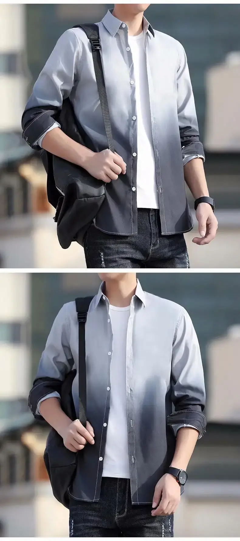 Men's Korean Style Long Sleeve Gradient Shirt Grey — feature 53