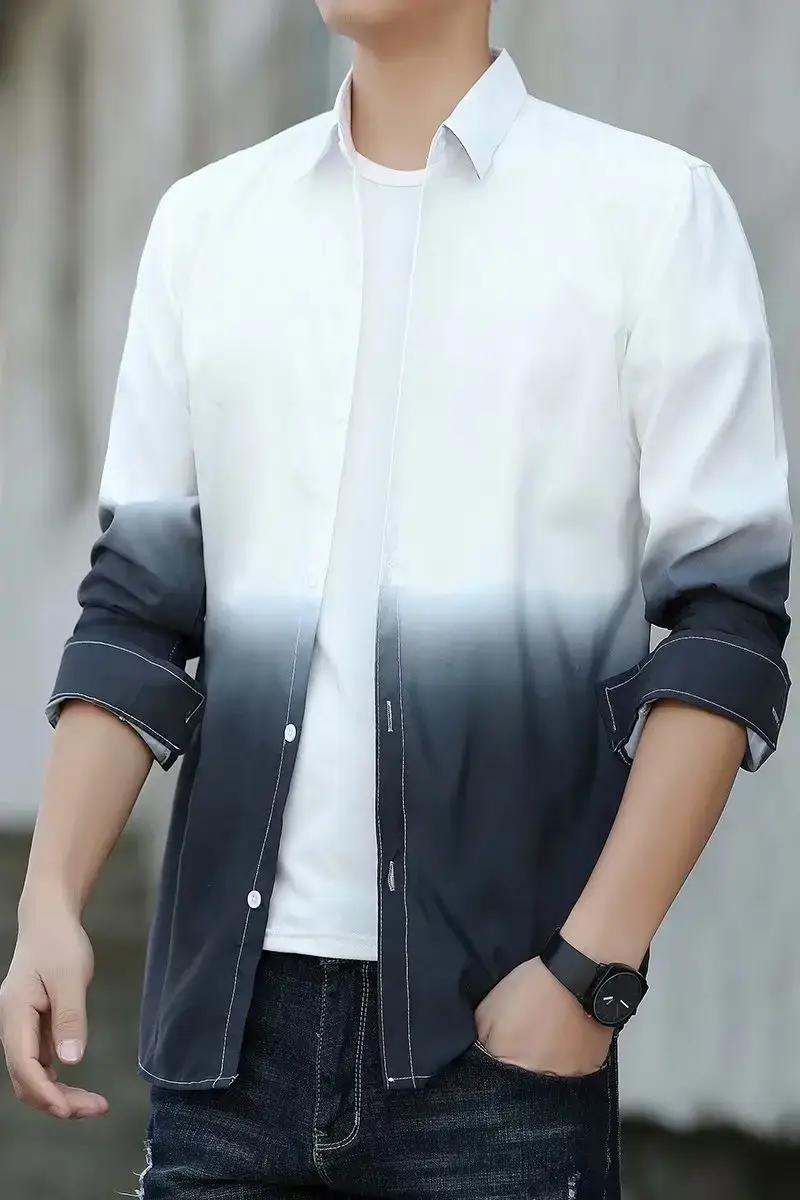 Men's Korean Style Long Sleeve Gradient Shirt Grey — feature 56