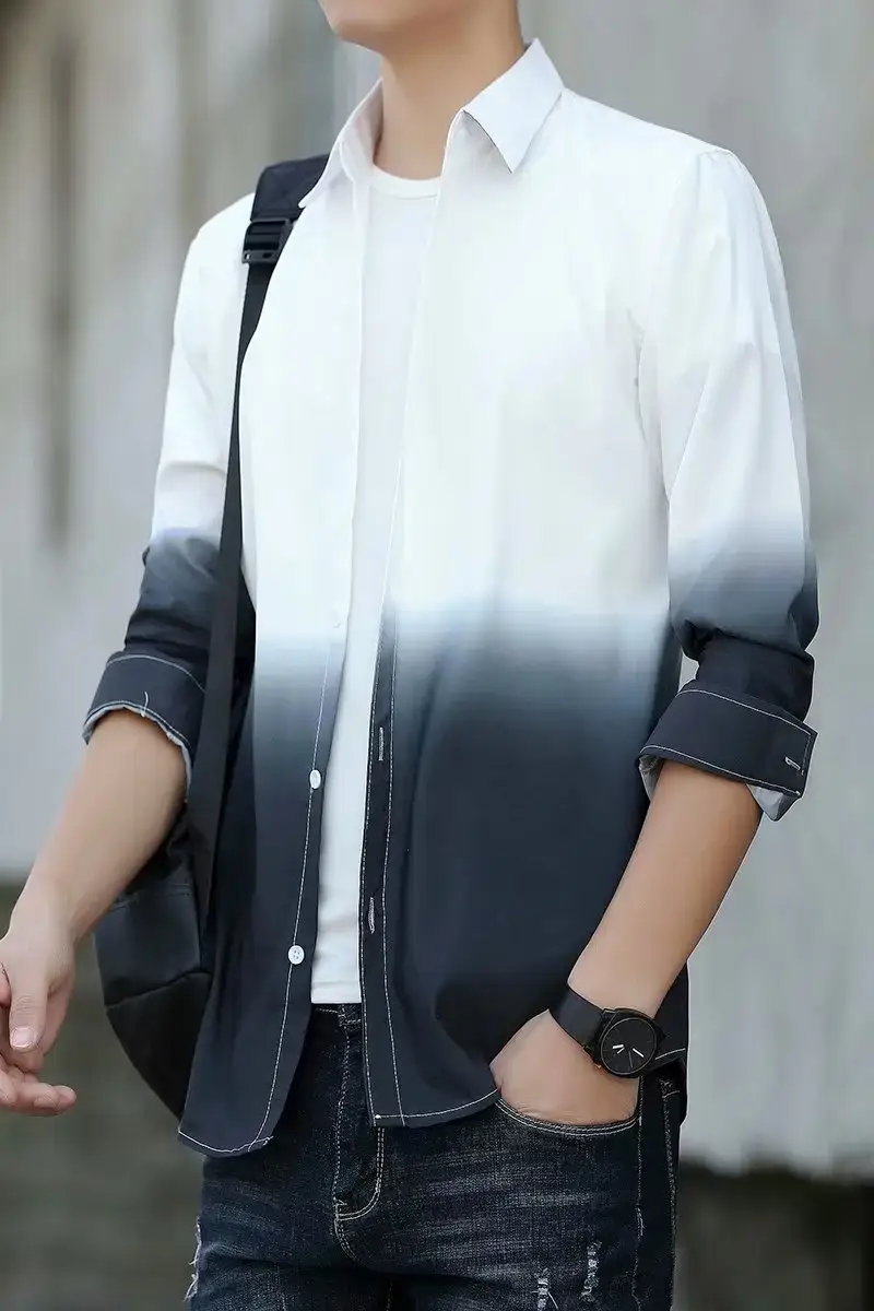 Men's Korean Style Long Sleeve Gradient Shirt Grey — feature 57