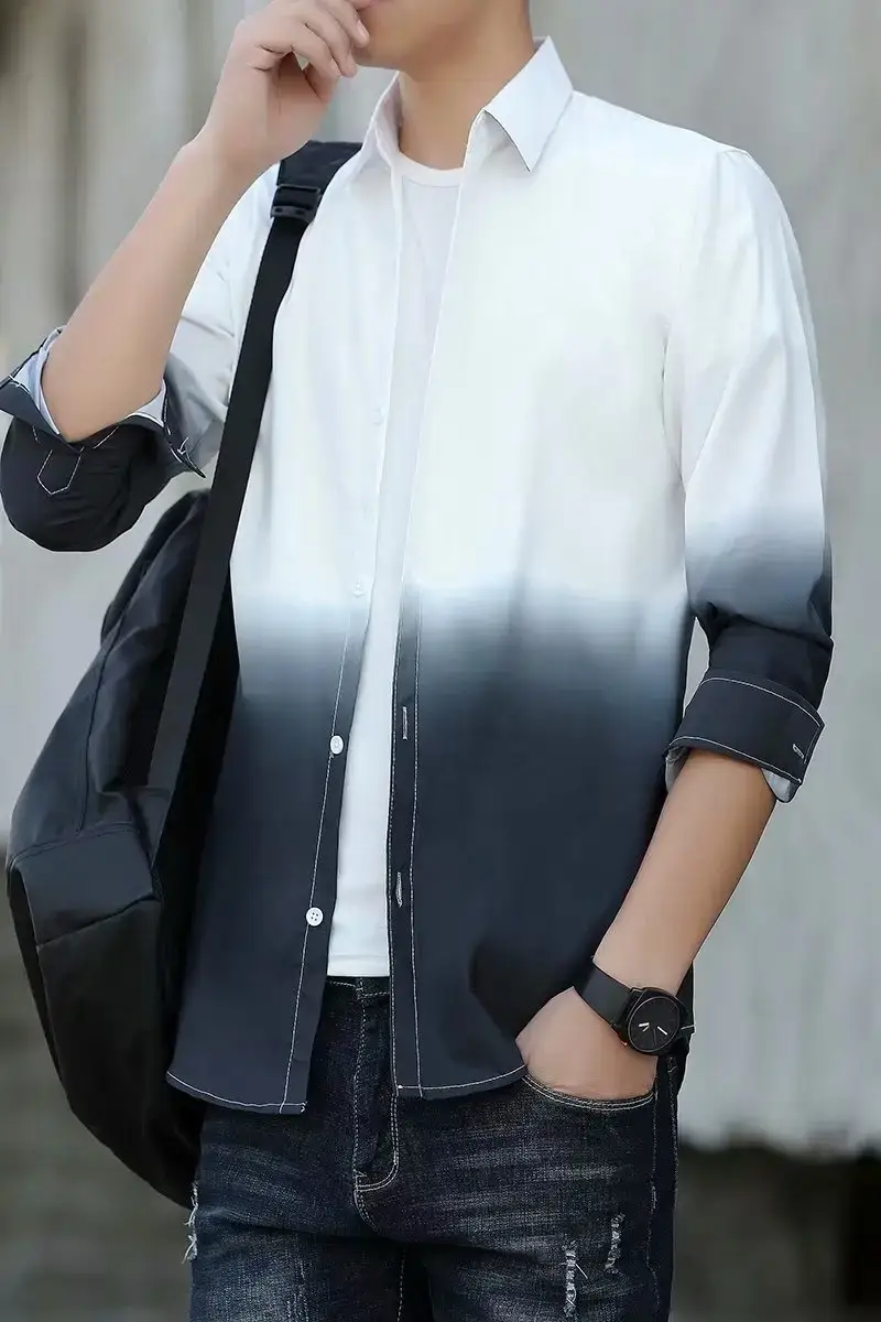 Men's Korean Style Long Sleeve Gradient Shirt Grey — feature 58