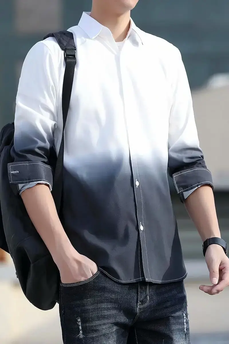 Men's Korean Style Long Sleeve Gradient Shirt Grey — feature 59