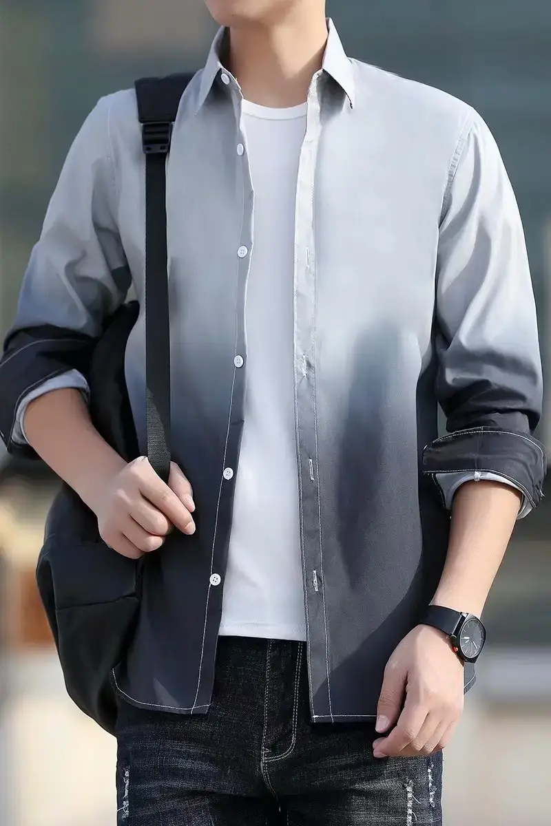 Men's Korean Style Long Sleeve Gradient Shirt Grey — feature 60