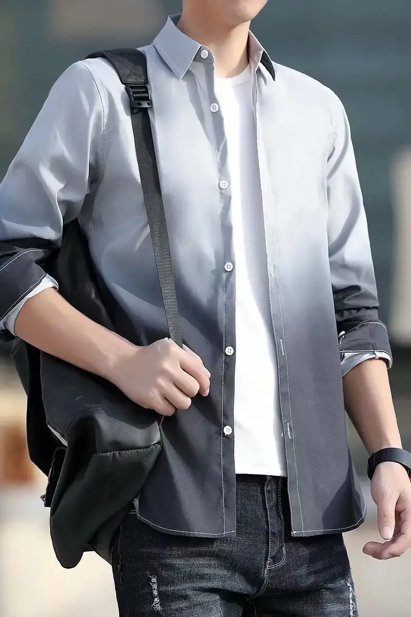 Men's Korean Style Long Sleeve Gradient Shirt Grey — feature 61