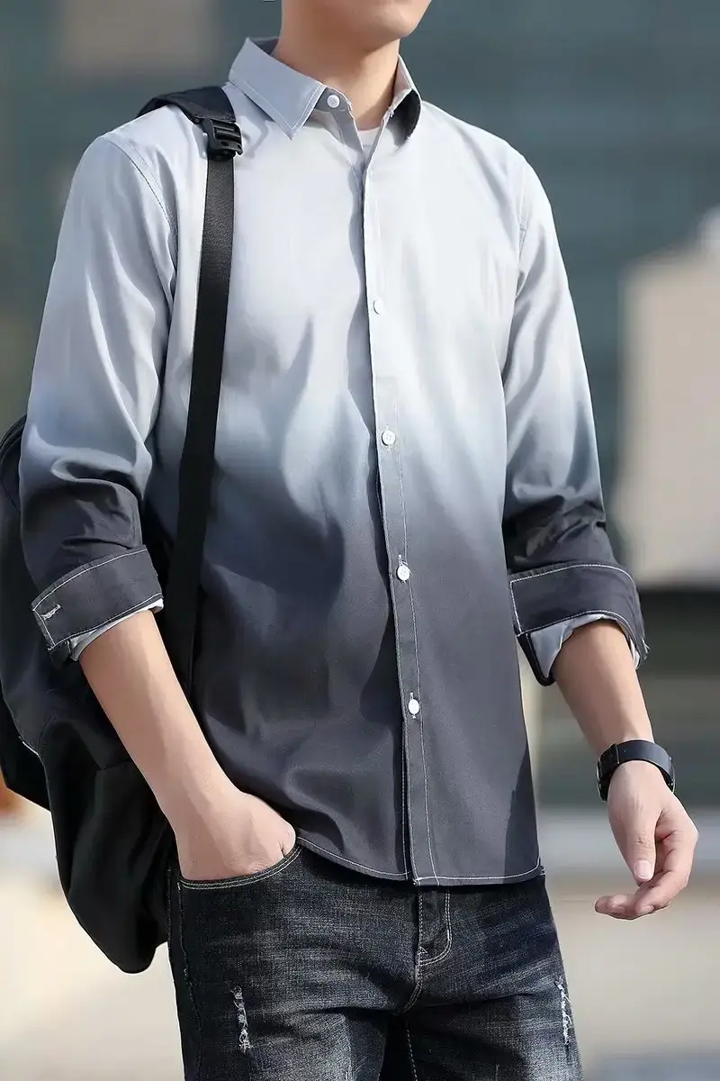 Men's Korean Style Long Sleeve Gradient Shirt Grey — feature 62
