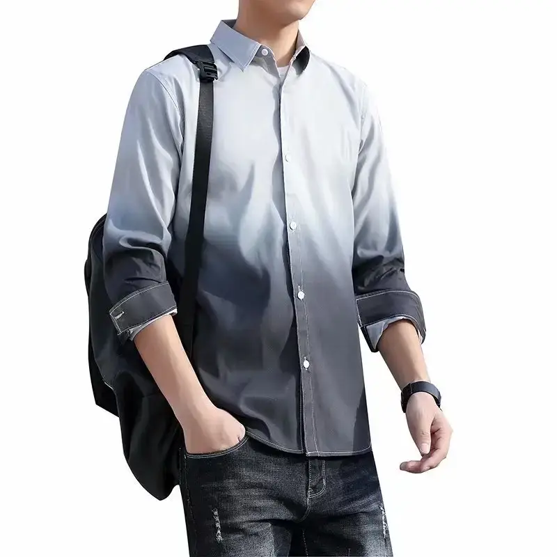 Men's Korean Style Long Sleeve Gradient Shirt Grey — feature 63