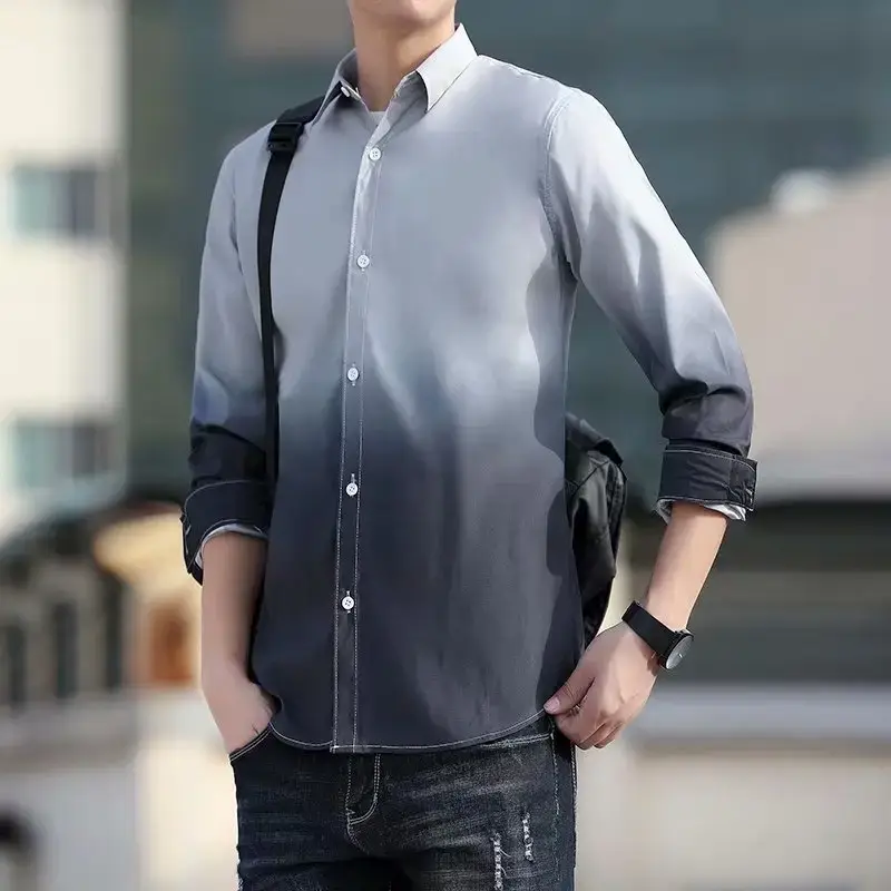 Men's Korean Style Long Sleeve Gradient Shirt Grey - Image 2