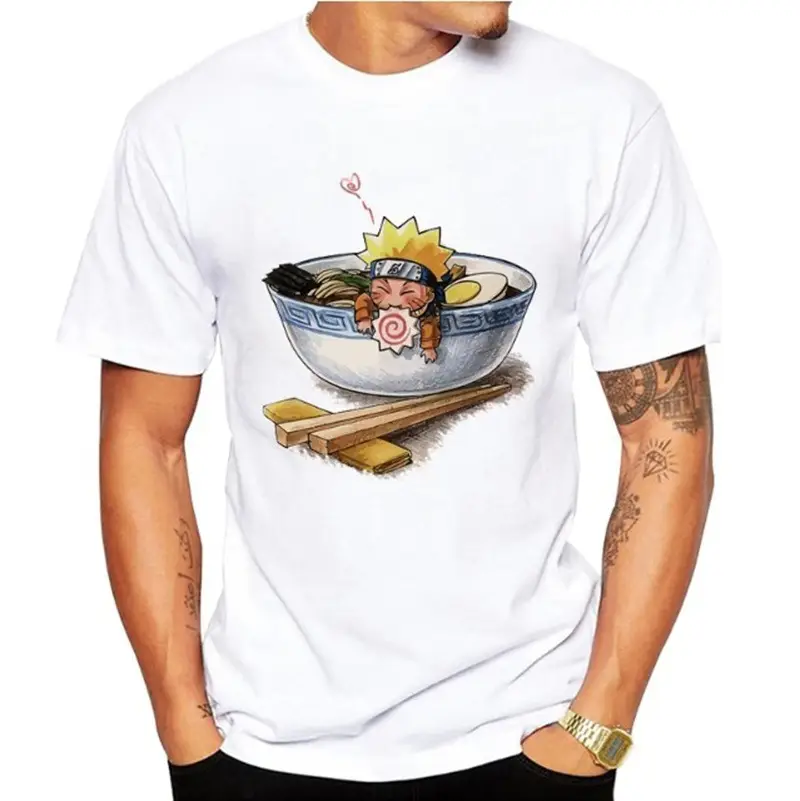 Men's White Naruto T-Shirt with Cat Bowl Print