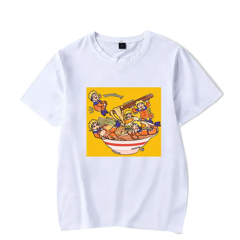 Men's White Naruto T-Shirt with Cat Bowl Print