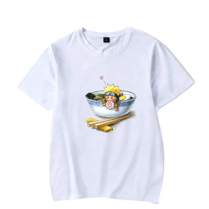Men's White Naruto T-Shirt with Cat Bowl Print