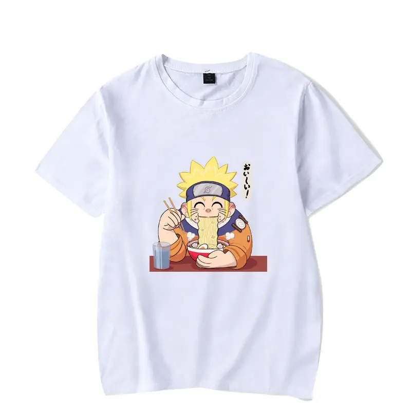 Men's White Naruto T-Shirt with Cat Bowl Print
