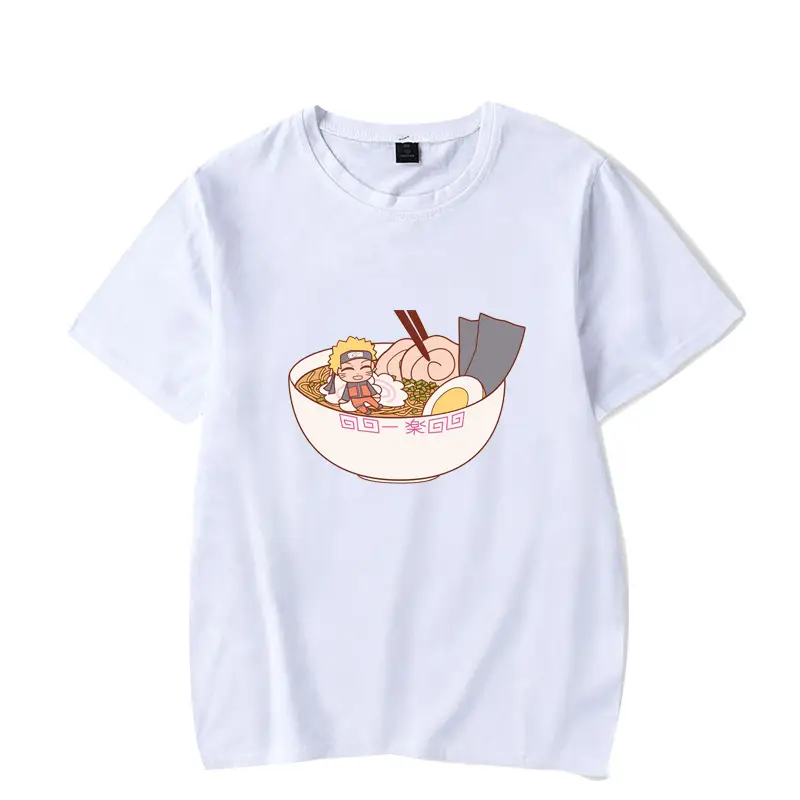 Men's White Naruto T-Shirt with Cat Bowl Print