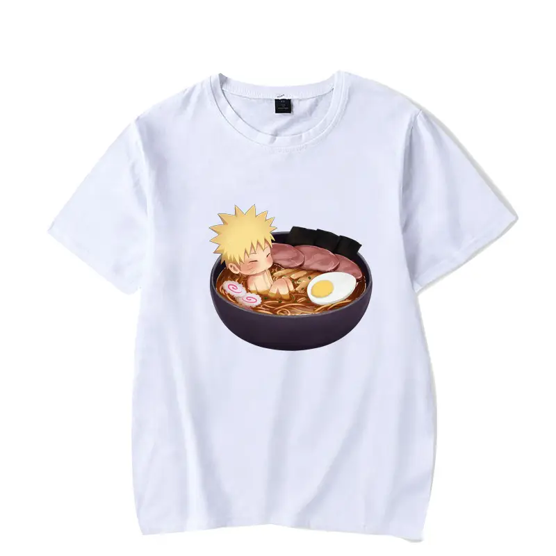 Men's White Naruto T-Shirt with Cat Bowl Print